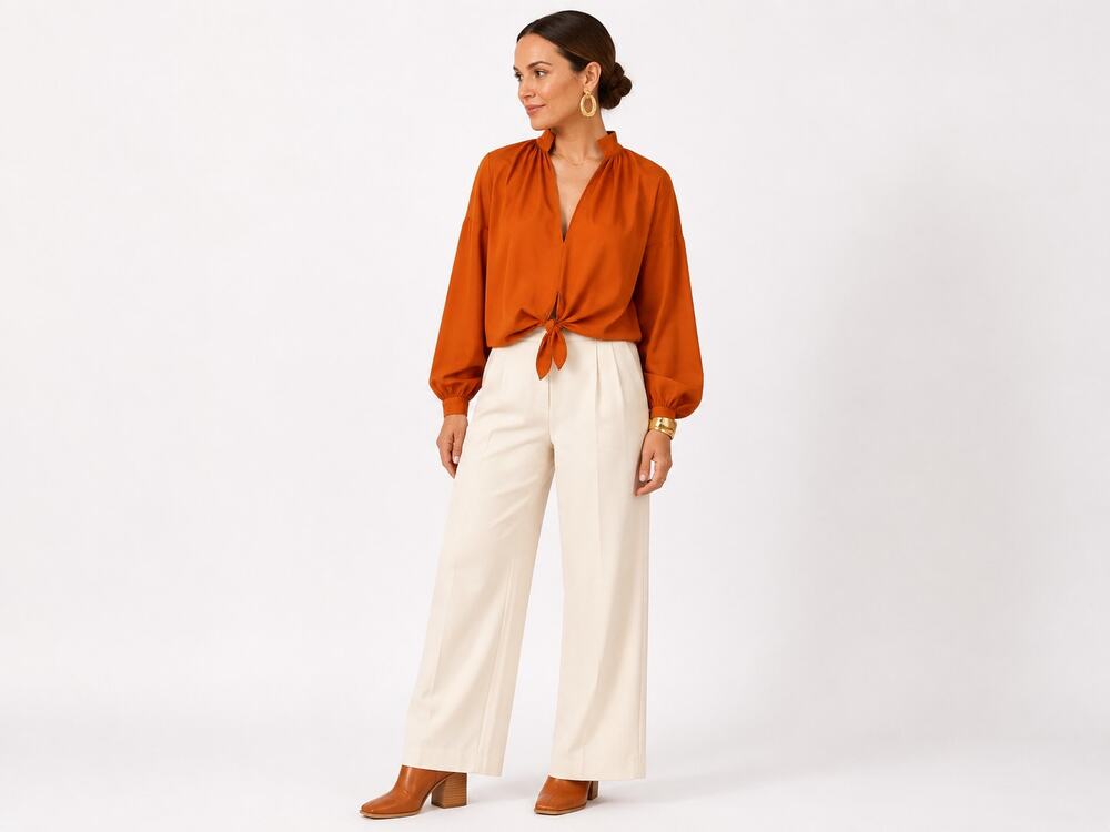 Tome Collection Rust Orange Tie Front Balloon Sleeve Blouse Womens Largexury EUC